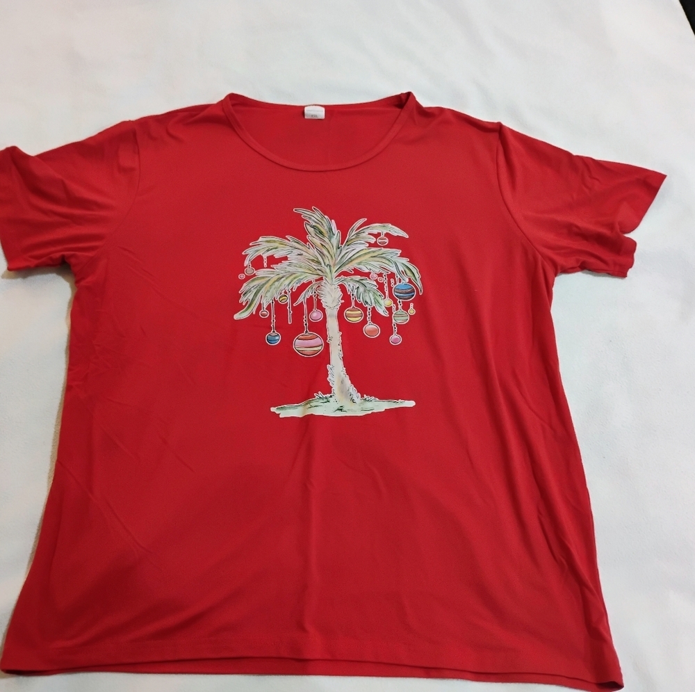 Vibrant Red Short Sleeve Tee with Palm Design